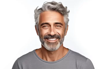 Foto op Aluminium Photo portrait of a handsome 40s old mature man smiling with clean teeth. For a dental ad. Man with fresh stylish hair and beard. Isolated on white background, hyper realistic, professional © Olivia