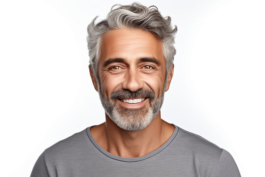 Photo portrait of a handsome 40s old mature man smiling with clean teeth. For a dental ad. Man with fresh stylish hair and beard. Isolated on white background, hyper realistic, professional