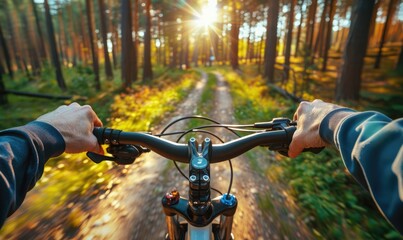 Fototapeta premium Rider driving bicycle in the forest