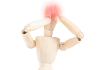 Headache on a wooden mannequin. Representation of migraine pain. Articulated figure grabs his head.