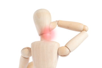 Close-up of a drawing mannequin representing neck pain. Muscle tension.