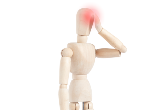 Wooden drawing dummy isolated touching his head with one hand. Representation of headache.
