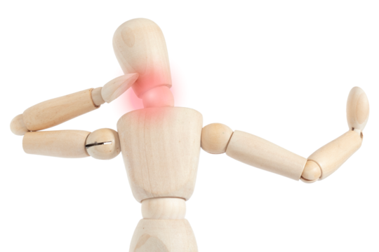 Neck pain on a drawing mannequin on a white background, wooden articulated figure. Concept of health. - Powered by Adobe