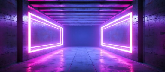 A long hallway illuminated by vibrant neon lights in shades of purple and blue. The corridor is made of concrete and adorned with rectangular-shaped frames. The space is empty,