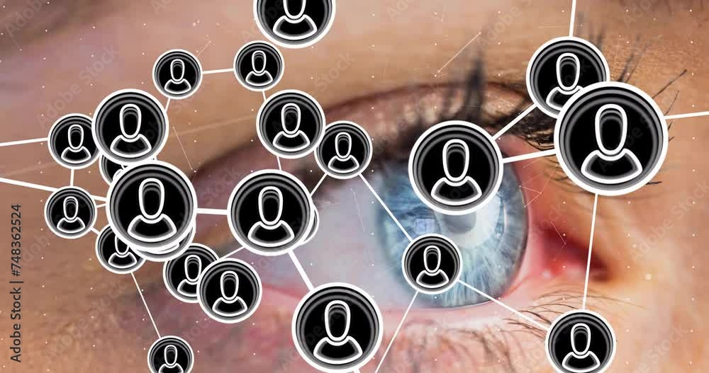 Poster Animation of people icons and connections over close up of woman's eye