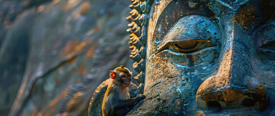 statue of buddha with monkey, ai generated.