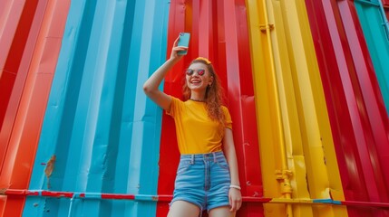 Girls take selfies against a wall of lively and unique brands. Shines brightly with bright colors and attractive designs. It creates a memorable backdrop for her photos.