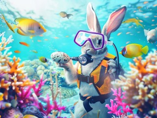 Underwater Easter celebration rabbits in scuba gear hiding eggs among coral reefs playful fish