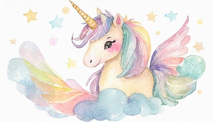 Dessin de licorne et décor arc-en-ciel, univers coloré aux couleurs de princesses. 