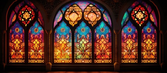 A large stained glass window in the style of Arabic Moroccan design casts colorful patterns on the walls of a dimly lit room.