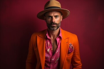 Handsome man with beard and mustache in orange suit and hat
