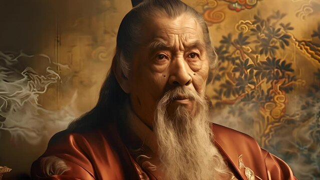 Slow motion portrait of Confucius, the ancient Chinese philosopher with smoke behind him