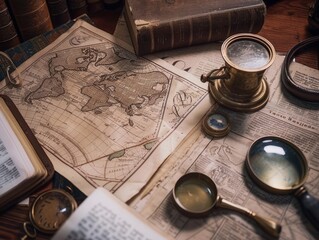 Retro study with ancient maps a Bible and artifacts from Old Testament times mysterious journey - obrazy, fototapety, plakaty