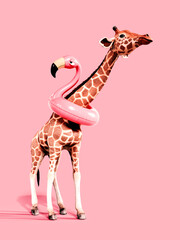 Giraffe wearing inflatable Pink Flamingo on pink background. 3D Rendering, 3D Illustration