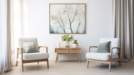 Scandinavian Style Living Room with Pastel Wall Art and Elegant Minimalist Furniture