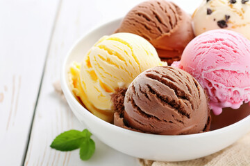 Scoops of chocolate, vanilla, and strawberry ice cream in a white bowl, garnished with mint on a light wooden background.