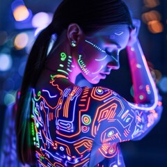 Glowing electronic tattoos powered by neon infused circuitry morph with their wearers emotions a new age of personal expression