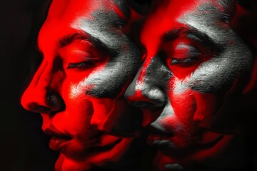 Duality of mood: double-faced portrayal - obrazy, fototapety, plakaty
