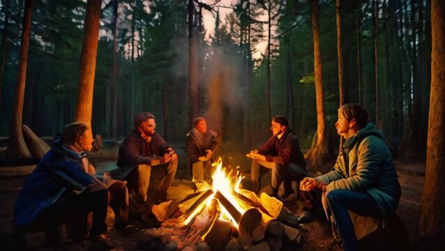 Campfire Conversations: Footage of People Gathered Around a Warm Fire, Sharing Stories and Creating Memories Under the Starlit Sky