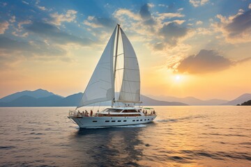Fototapeta premium This is a beautiful image of a sailing yacht with white sails gliding across the ocean at sunset. The sky is ablaze with color, and the water is calm and still. This is a perfect day for sailing.
