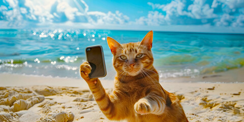 Obraz premium Cat on beach posing/selfie, ai generated.