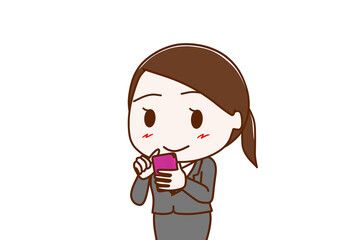 （上半身斜め）スマホを持って画面を見ながらにっこり微笑むスーツ姿の女性