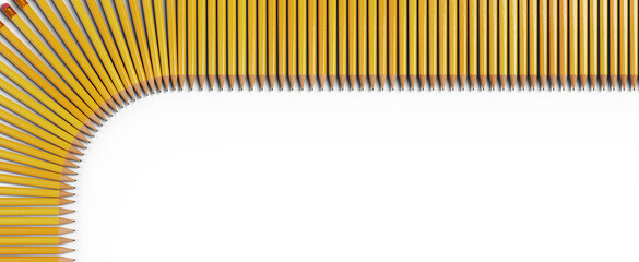 Array of school pencils in curved shape on transparent background. header background Isolated picture. Drawing, office work, detailed accessory picture of tools of writing and drawing. 