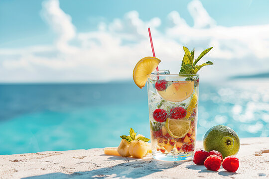 Mojito with tropical Fruits on an exotic beach. Image for Cafe and Restaurant Menus