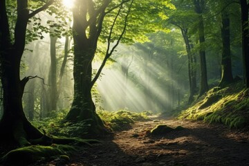 Obraz premium beautiful magic forest in the sunny foggy view