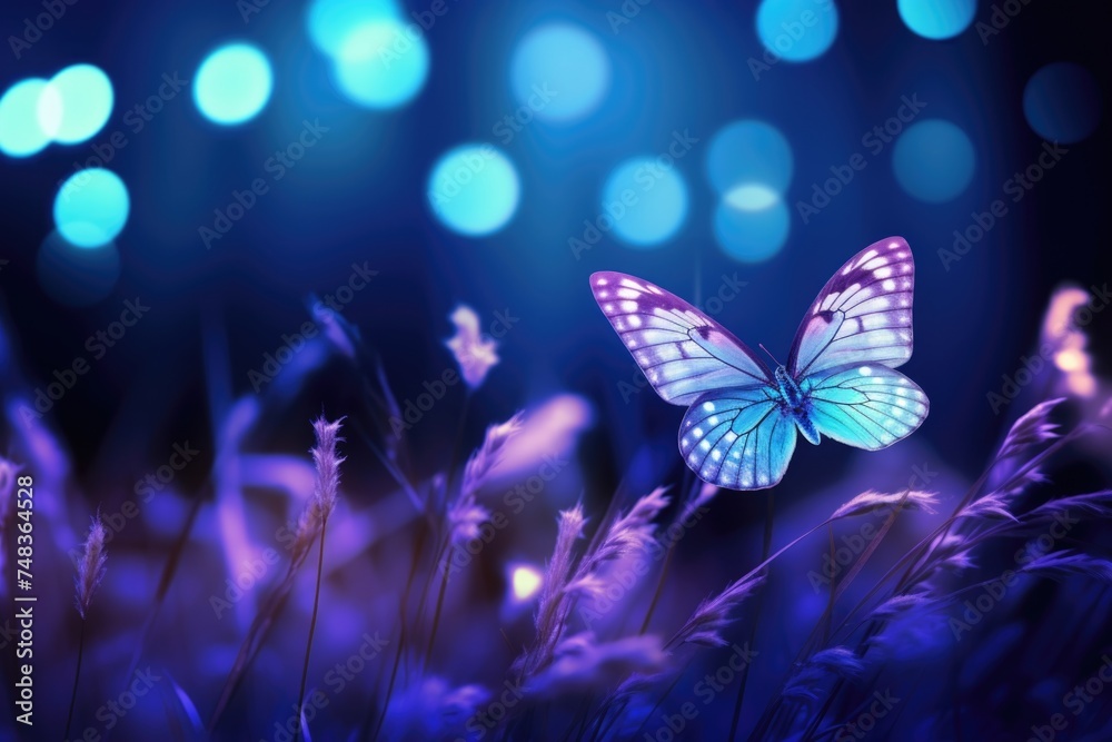 Poster nighttime butterfly in moonlit meadow macro image.
