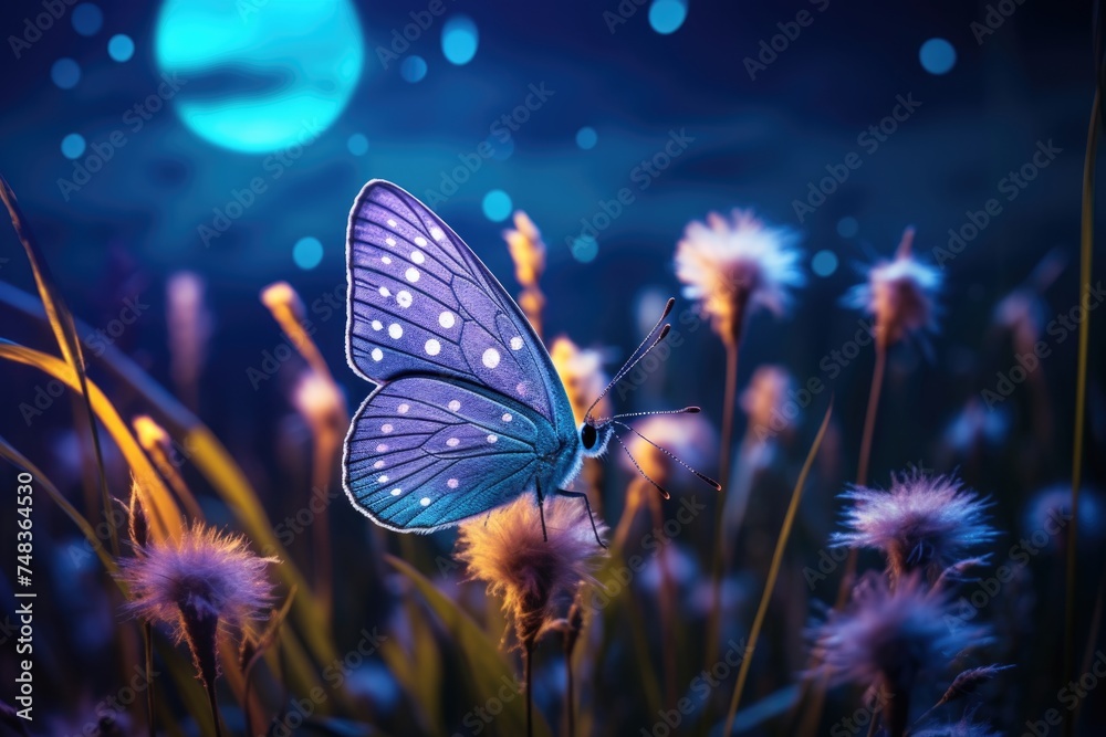 Poster nighttime butterfly in moonlit meadow macro image.
