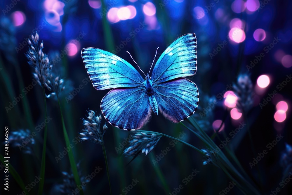 Poster nighttime butterfly in moonlit meadow macro image.