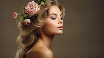 Fototapeta premium Side portrait of a Beautiful young Woman with flowers in her hair on a background