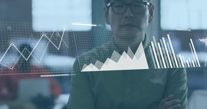 Animation of financial data processing over asian businessman in office
