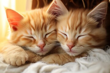 A beautiful moment captured as two adorable ginger kittens are deeply asleep on a soft blanket. The warm sunlight from a nearby window creates a cozy and peaceful atmosphere.