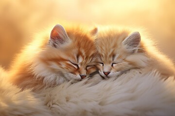 Two ginger kittens peacefully sleeping on a soft white blanket in a cozy, sunlit room. The warm sunlight casts a gentle glow on their fur, creating a heartwarming scene of tranquility and comfort.