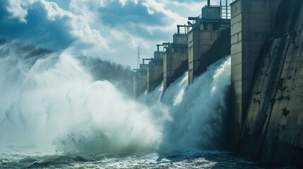 Portrait of water discharge at hydroelectric power plant. Hydroelectric dam on the river - obrazy, fototapety, plakaty
