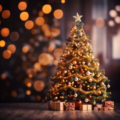 Fototapeta na wymiar Decorated Christmas tree with gifts and lights bokeh background