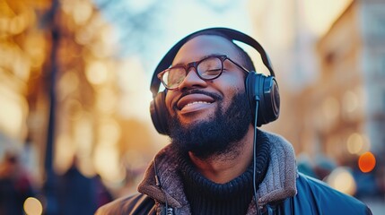 Professional photo african american man listening to music with headphones, close eyes and relax - obrazy, fototapety, plakaty