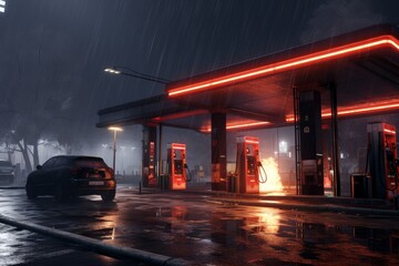 Dramatic scene at a gas station a solitary car positioned by the pump, a fiery explosion in the distant background, rain pouring down, reflecting the intense glow of the blazing inferno.