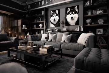 Portraits of Two Siberian Huskies dogs black white fur looking at the camera with serious faces isolated on dark gray wall with bookshelves and dark gray sofa in the foreground