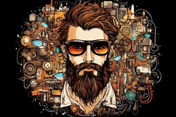 Confident bearded man in sunglasses against mesmerizing steampunk background, exuding determination and sophistication. Perfect for modern and trendy designs with a touch of edginess.