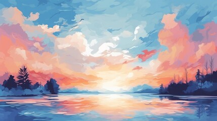 Fantastic sunset over the lake. Colorful illustration.