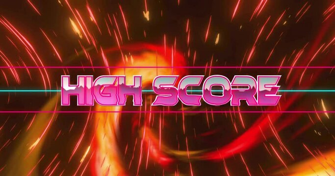 Animation of high score text over neon pattern background - Powered by Adobe