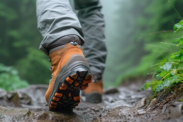 Close up photo of the feet of a mountaineer who is climbing a mountain wearing hiking boots - obrazy, fototapety, plakaty