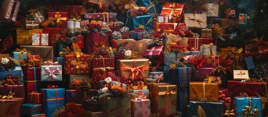 A collection of beautifully wrapped gifts stacked neatly together, creating a colorful and festive sight. Each present is uniquely wrapped, creating a diverse display of patterns and colors.