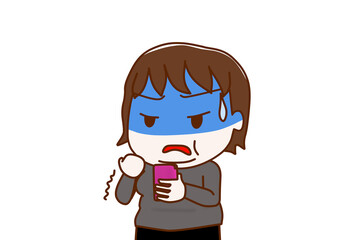 （上半身斜め）スマホを持って画面を見ながら真っ青になって怒りにプルプル震える太った女性