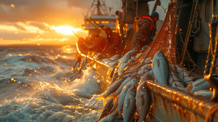 A group of fishermen is on a big boat in the sea. They are taking fish out of the nets, pulling...