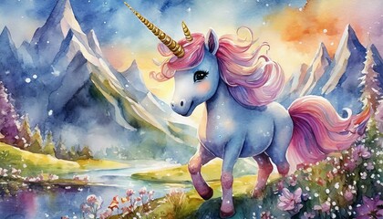 Dessin de licorne et décor arc-en-ciel, univers coloré aux couleurs de princesses.  - obrazy, fototapety, plakaty