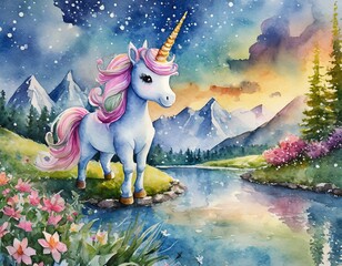 Dessin de licorne et décor arc-en-ciel, univers coloré aux couleurs de princesses. 